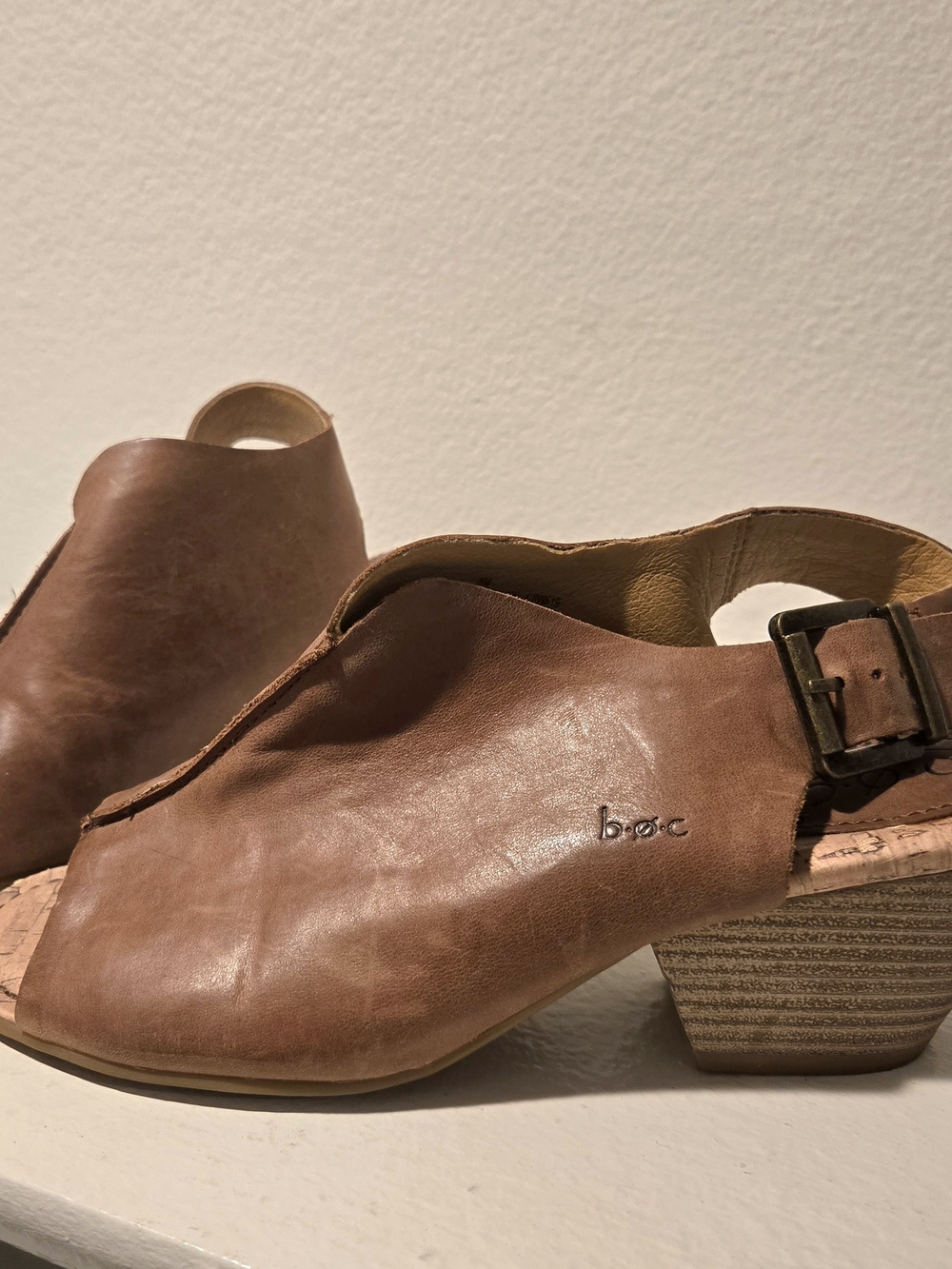 b.o.c. Brown Leather Open-Toe Slingback Block Heel Mules